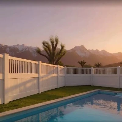 White vinyl fence panels in standard sheet format showing square pickets and ribbed rails ready for pool enclosure installation White vinyl fence panels in standard sheet format showing square pickets and ribbed rails ready for pool enclosure installation
